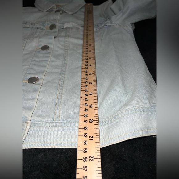 DEMOCRACY Jeans Light Blue Denim Jacket Fray Ruffle Size XS Button Down - Picture 12 of 14